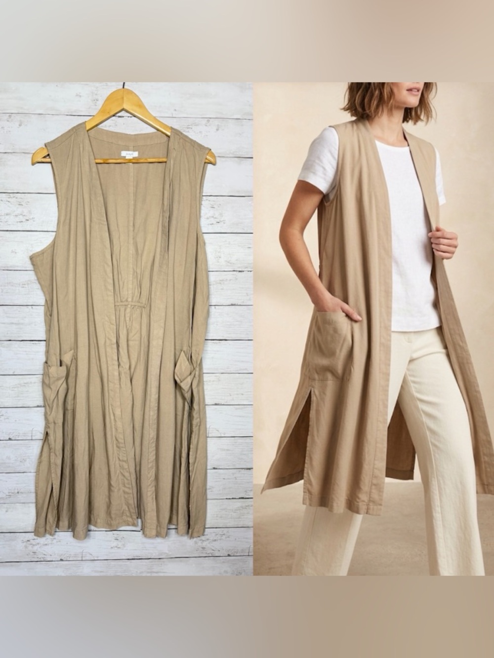 Pure Jill j. Jill Mink Tencel Long Vest Womens Size XL Neutral Beige Longline